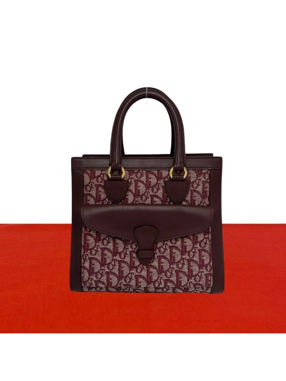Dior Vintage Trotter Pattern Canvas Leather Handbag Red